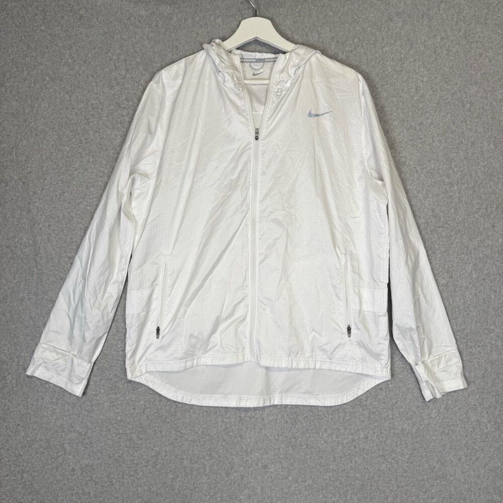 Nike Running womens White Long Sleeve Full Zip Windbreaker Track Jacket Hooded